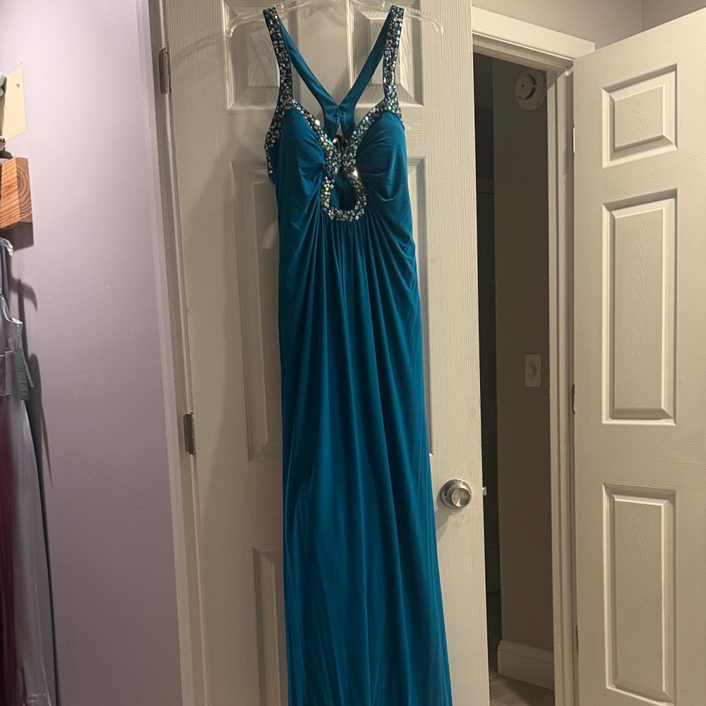 Hailey Logan Teal Maxi Dress with Beaded Accents